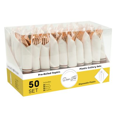 DecorFest Premium Pre-rolled Napkin and Plastic Cutlery Set Flatware Set for Parties, Events, Housewarming & Special Occasions - Set of 50 Rose Gold