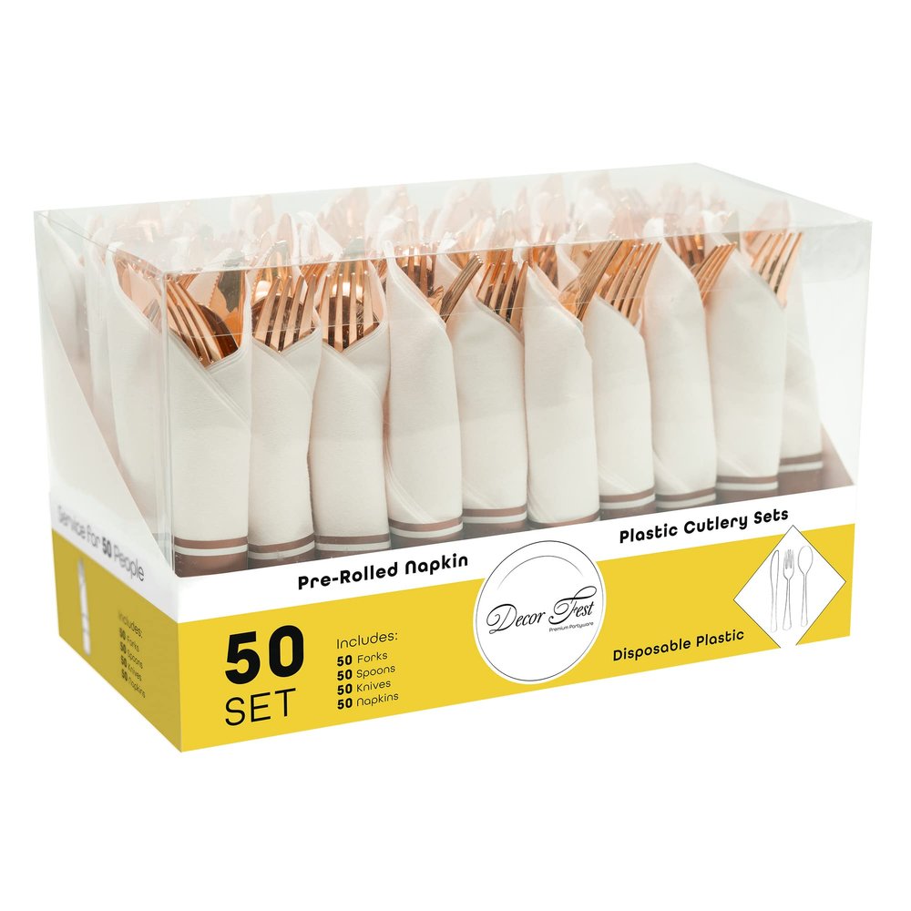 DecorFest Premium Pre-rolled Napkin and Plastic Cutlery Set Flatware Set for Parties, Events, Housewarming & Special Occasions - Set of 50 Rose Gold