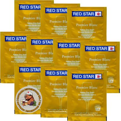 Red Star Premier Blanc Wine Yeast (10 Pack) - Great for Making Wine Cider Mead Kombucha at Home - 5 g Sachets - Saccharomyces cerevisiae - Sold by CAPYBARA Distributors Inc.