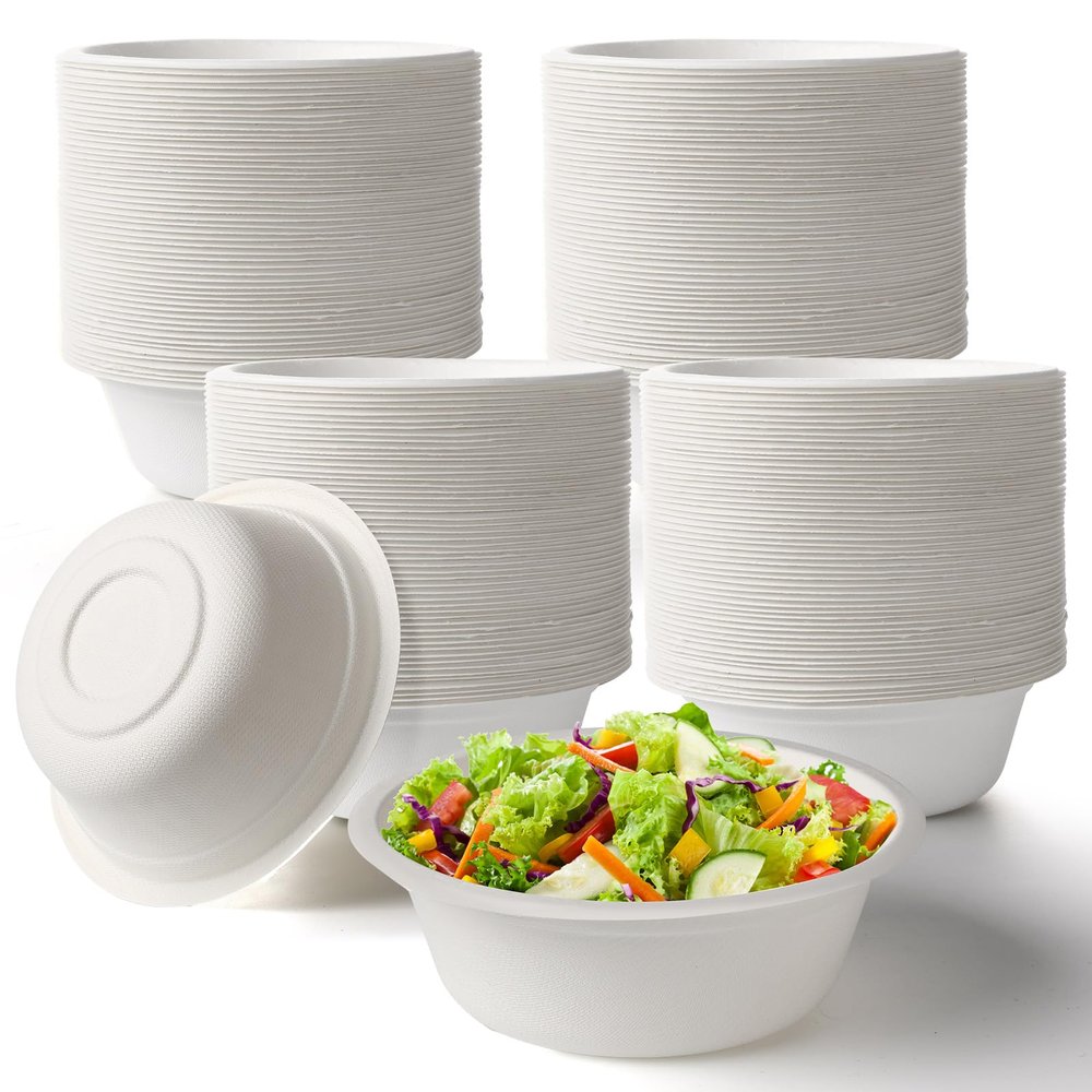 Potchen 300 Pack Disposable Paper Bowls Quality White Bowls Small Sugar Cane Fibers Party for Ice Cream Fruits Salad Soup Hot or Cold Use Catering Picnics Camping and Restaurant Supplies(16 oz)