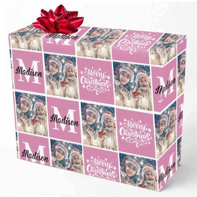 Personalized Merry Christmas Wrapping Paper with Photo, Custom Gift Wrapping Paper Roll for Friend, Grandma, Grandpa, Birthday, Wedding, Christmas Gifts - Pink, 58x23, 5 Rolls