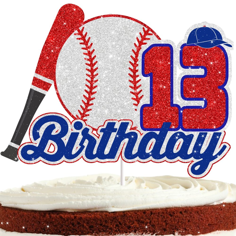13 Baseball Cake Topper for Boys Girls Red Baseball Birthday Party Decorations Ball Sports Cake Toppers 13th Happy Birthday Baseball Cake Decorations