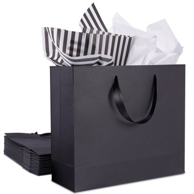 12 Pack Black Gift Bags with Ribbon Handles, Large Gift Bags with Tissue Paper, Black Kraft Paper Gift Bags for Shopping, Small Business, Wedding, Christmas and Holiday (12.5 x4.5 x11)