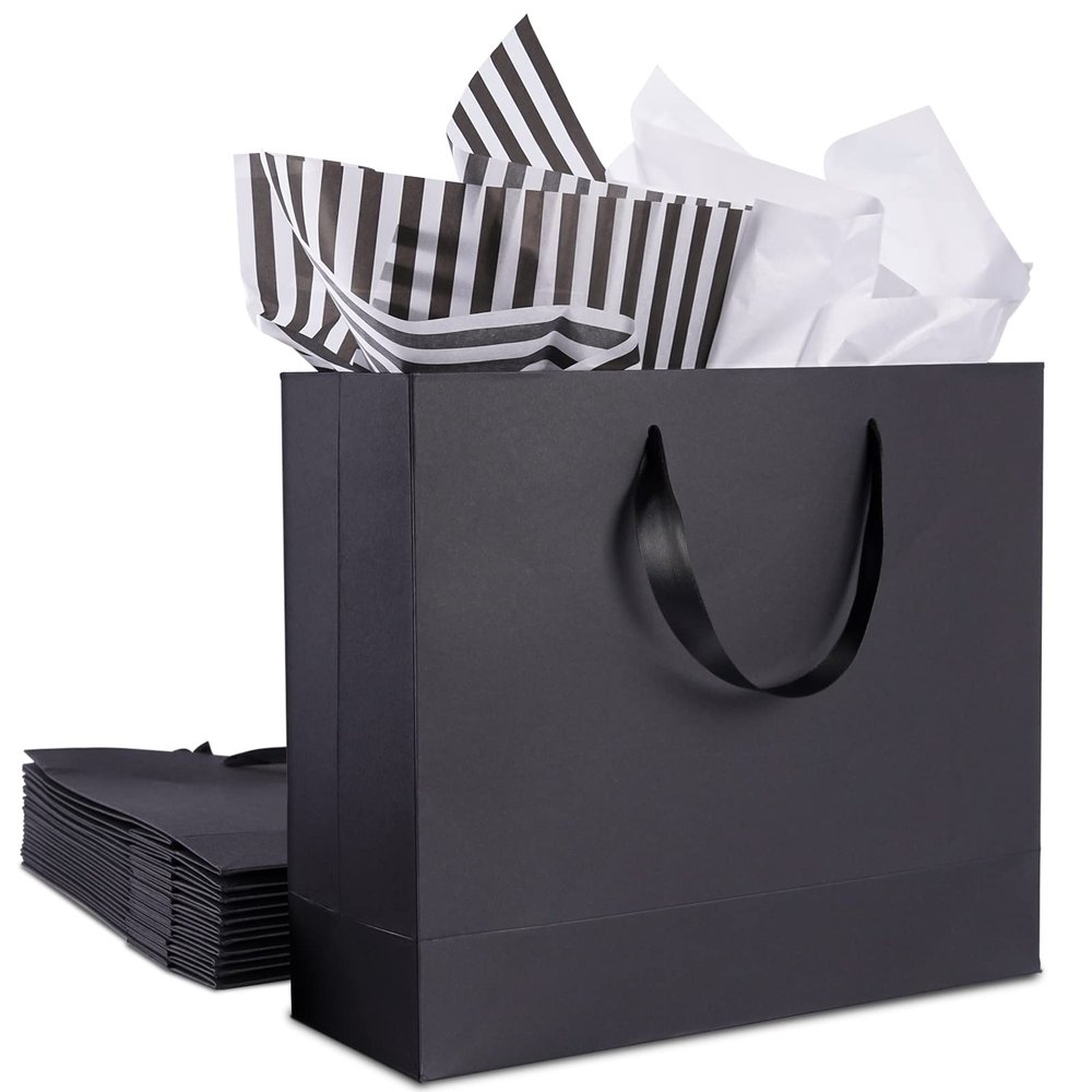 12 Pack Black Gift Bags with Ribbon Handles, Large Gift Bags with Tissue Paper, Black Kraft Paper Gift Bags for Shopping, Small Business, Wedding, Christmas and Holiday (12.5 x4.5 x11)