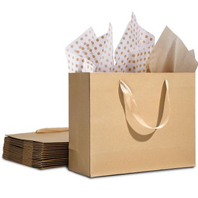 12 Pack Gift Bags Medium with Tissue bags, Kraft Paper Bag with Ribbon Handles, Brown Paper Gift Wrap Bags for Shopping, Small Business, Wedding, Christmas and Holiday (10.6 x3.1 x8.3)