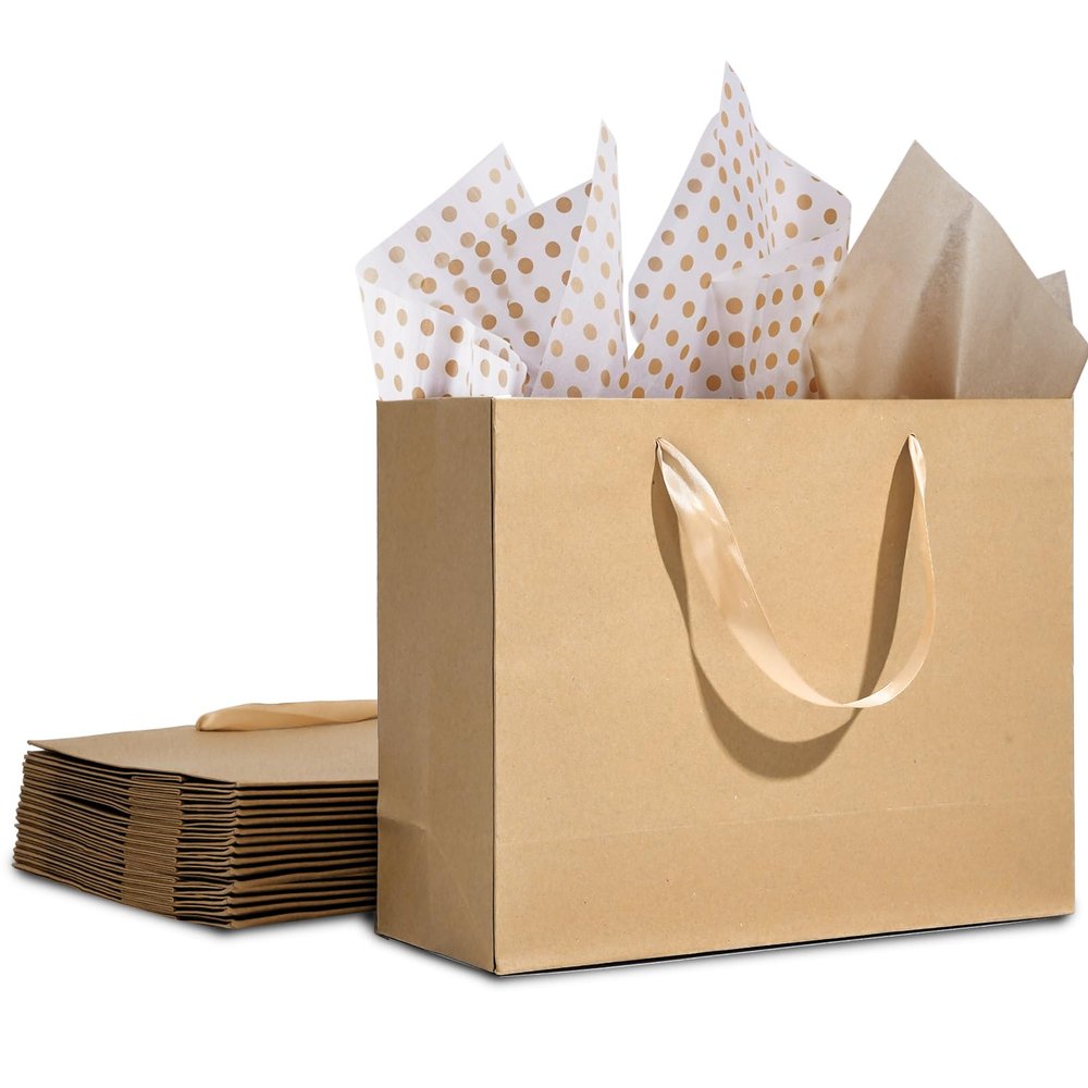 12 Pack Gift Bags Medium with Tissue bags, Kraft Paper Bag with Ribbon Handles, Brown Paper Gift Wrap Bags for Shopping, Small Business, Wedding, Christmas and Holiday (10.6 x3.1 x8.3)