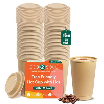 ECO SOUL 25 Pack 16 oz Disposable Coffee Cups with Lids Eco-Friendly, Biodegradable, Compostable, Leak-free & Sturdy To Go Hot Drink Cup for Tea, Chocolate Party Travel Cafe Office & Home
