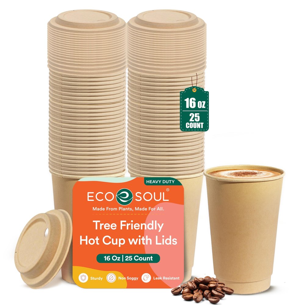 ECO SOUL 25 Pack 16 oz Disposable Coffee Cups with Lids Eco-Friendly, Biodegradable, Compostable, Leak-free & Sturdy To Go Hot Drink Cup for Tea, Chocolate Party Travel Cafe Office & Home
