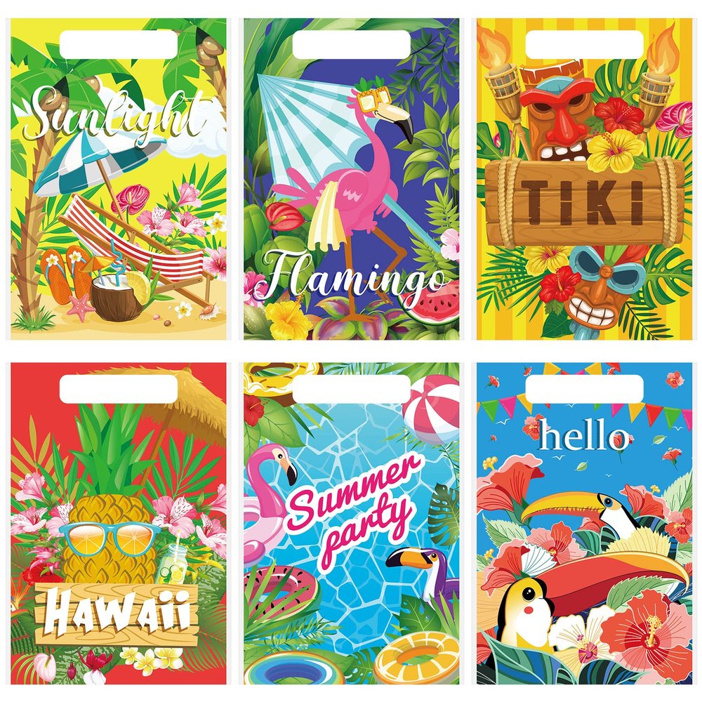 Perthlin 150 Pieces Luau Hawaiian Gift Bags for Kids Summer Tropical Party Favor Hawaiian Goodie Aloha Flamingo Plastic Treat Bags with Handles for Summer Goody Gift Party Supplies, 6 Styles