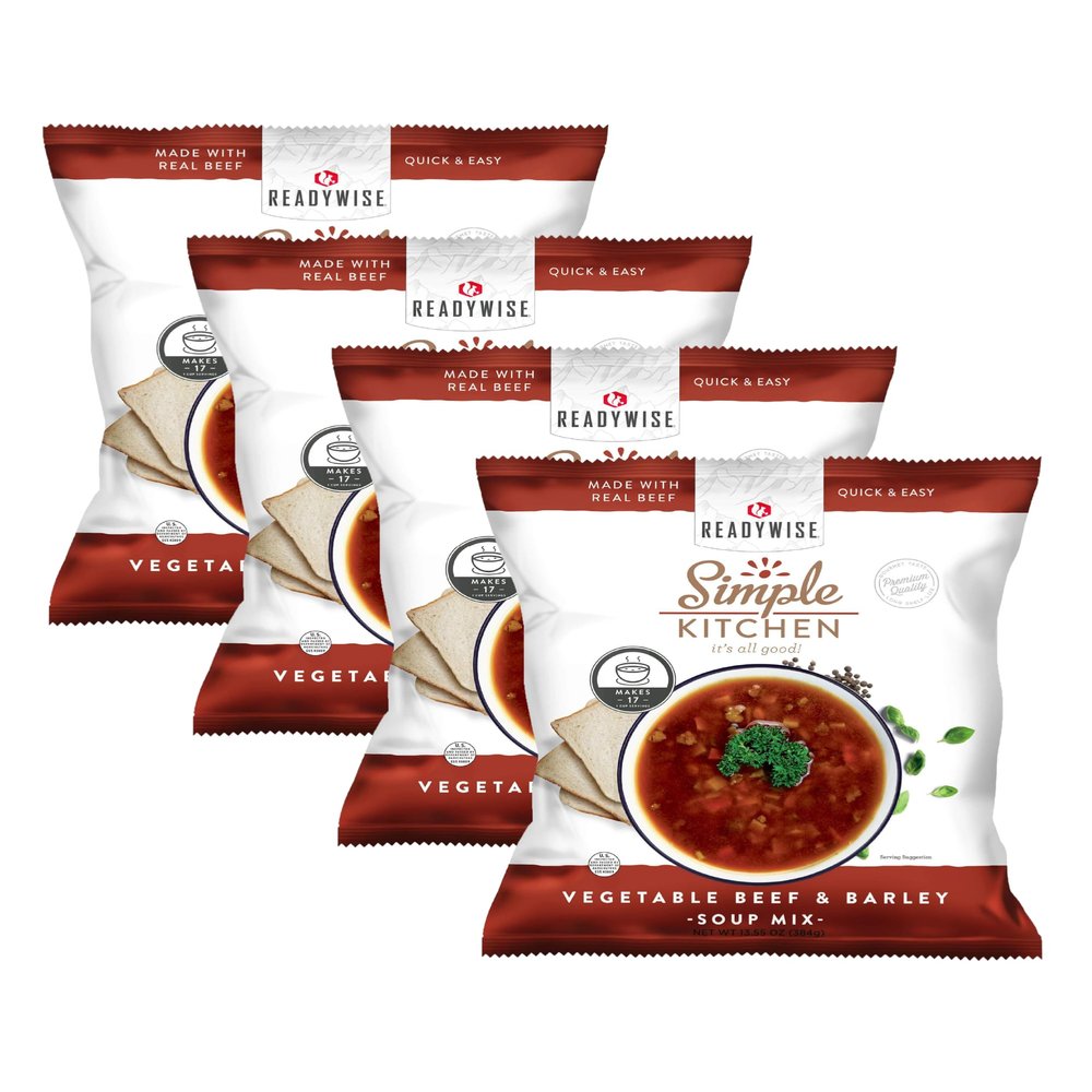 Simple Kitchen Vegetable Beef & Barley Soup Mix - 17 Servings for Family Meal Prep, Vegetarian, Gluten Free, Dehydrated & Freeze Dried Survival Food for Camping Meals & Hiking, Survival Kit, Pack of 4