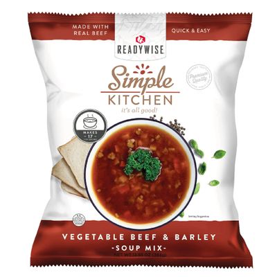 READYWISE - Simple Kitchen, Vegetable Beef & Barley Soup, 17 Servings, MRE, Gluten Free, Food, Soup Mix, for Events, Hiking, Emergency Food Supply, Camping Essentials, or Daily Use, 1 Pack