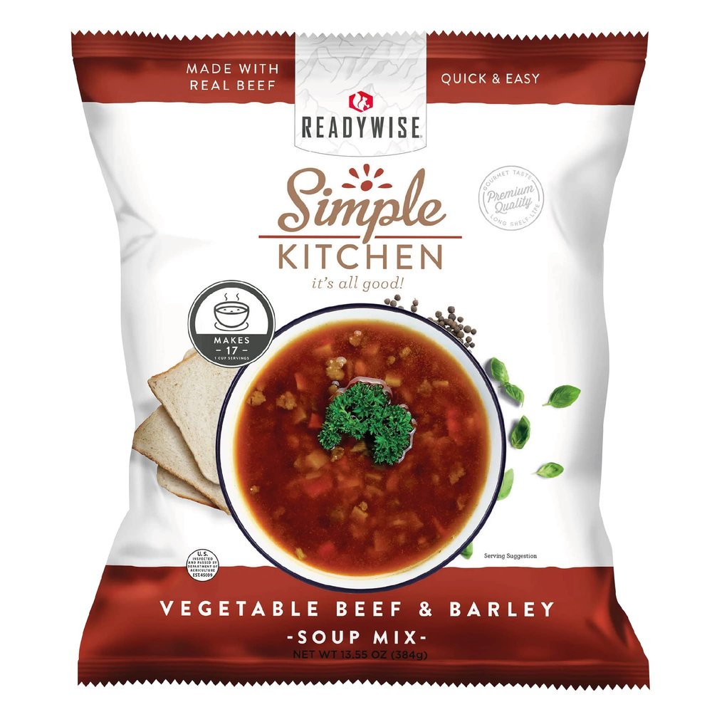 READYWISE - Simple Kitchen, Vegetable Beef & Barley Soup, 17 Servings, MRE, Gluten Free, Food, Soup Mix, for Events, Hiking, Emergency Food Supply, Camping Essentials, or Daily Use, 1 Pack