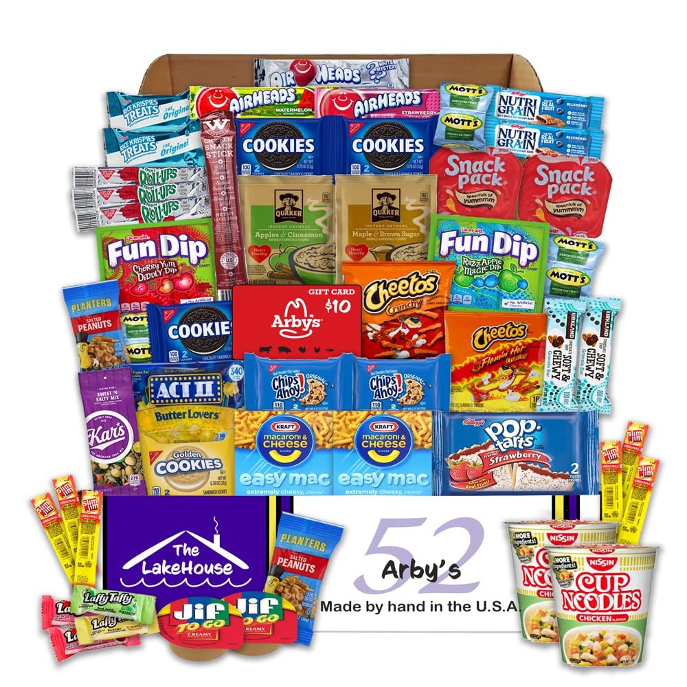 LakeHouse Student 52 College Care Package with Arbys Gift Card - College Essentials Snack Box - College Snack Boxes Care Packages for College Students Gift Basket - College Dorm Room Essentials