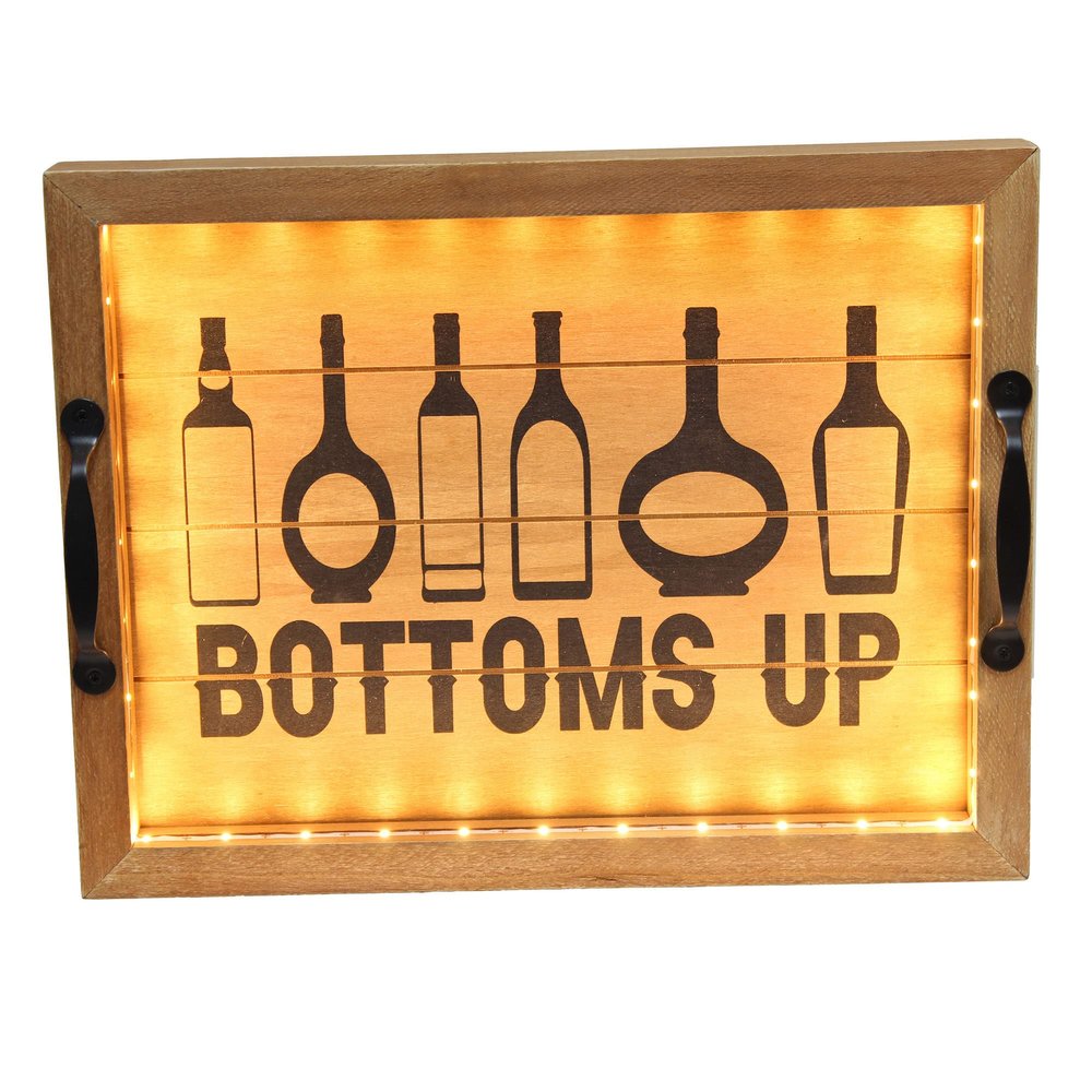 Elegant Designs HG2032-NBU Salento Farmhouse Rectangle Decorative LED Light Up Wooden Serving Tray w Black Metal Handles & Bottoms Up in Black for Dcor, Centerpiece, Breakfast, Coffee,Bar, Natural