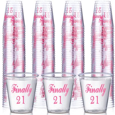 Nuogo 100 Pcs 21st Birthday Shot Glass Finally 21 Plastic Shot Glass Cups 21st Birthday Gift, Celebrate Twenty One, Decorations, Party Supplies(Finally 21)