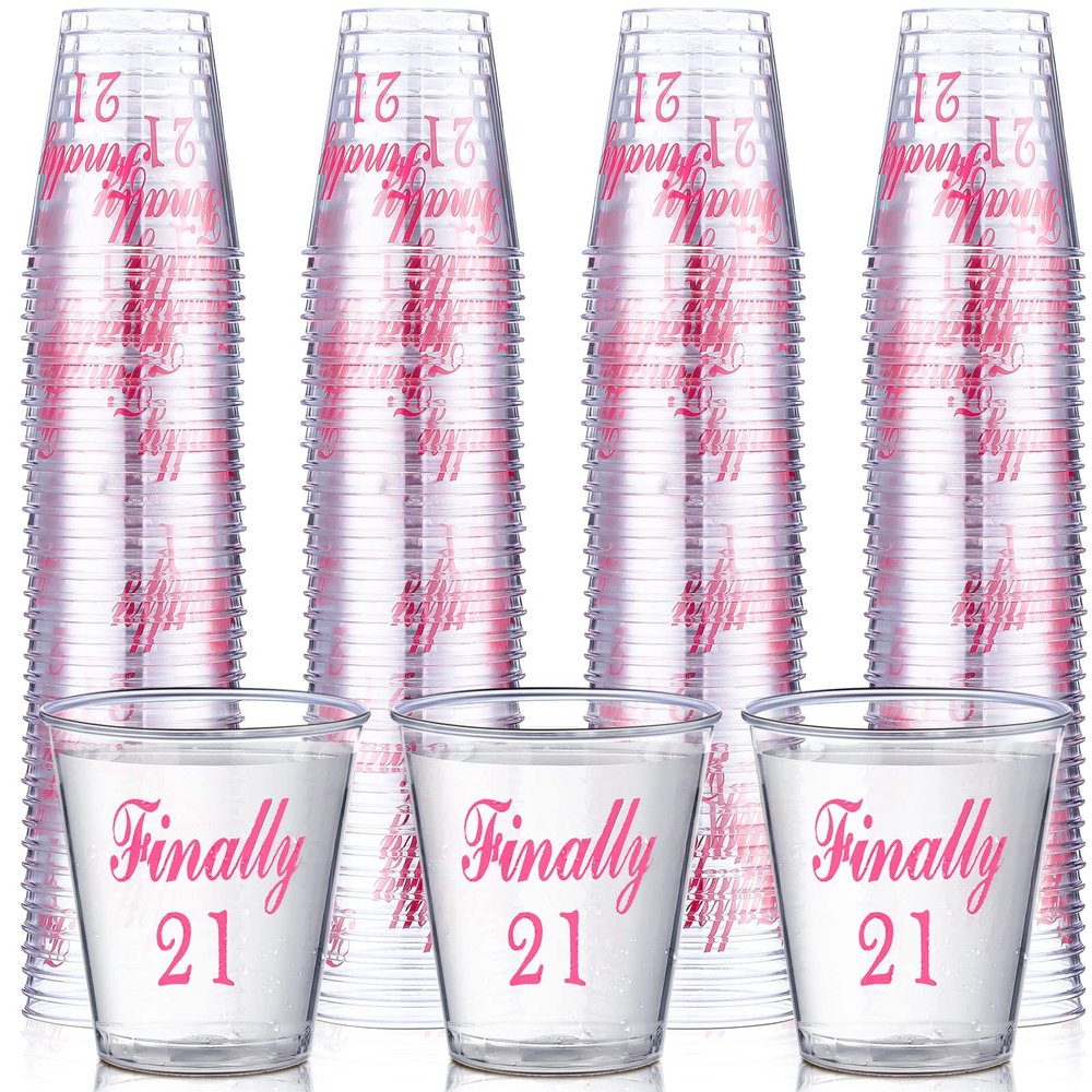Nuogo 100 Pcs 21st Birthday Shot Glass Finally 21 Plastic Shot Glass Cups 21st Birthday Gift, Celebrate Twenty One, Decorations, Party Supplies(Finally 21)