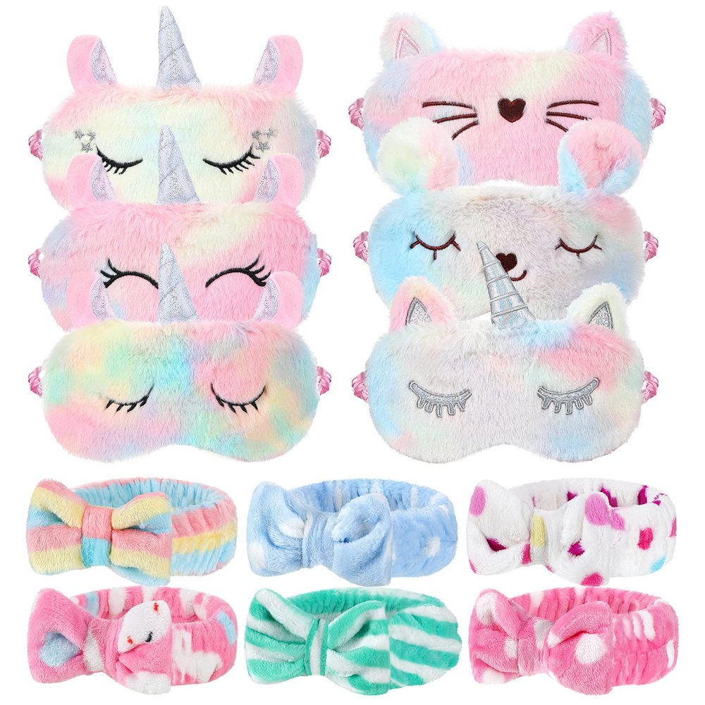 12 Pcs Sleepover Party Supplies for Girls Unicorn Rainbow Animal Plush Sleep Eye Mask Soft Spa Headband for Women Overnight Spa Bachelorette Party Favors