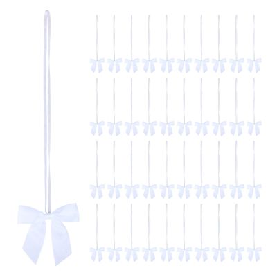 Meseey 50pcs 8 Inch Stretch Elastic Loops with Pre-Tied White Ribbon Bows for Gift Wrapping,Baby Showers, Weddings, Christmas Boxes (8", White)