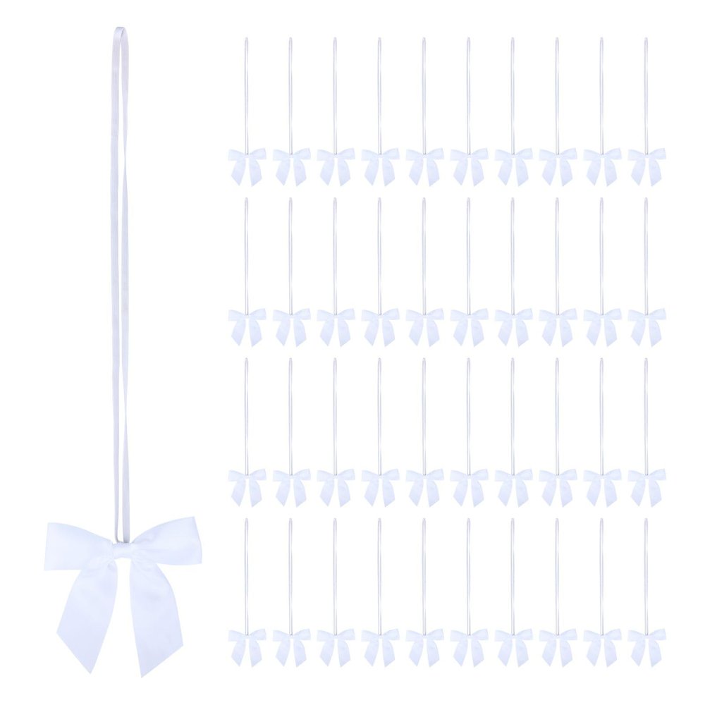 Meseey 50pcs 8 Inch Stretch Elastic Loops with Pre-Tied White Ribbon Bows for Gift Wrapping,Baby Showers, Weddings, Christmas Boxes (8", White)