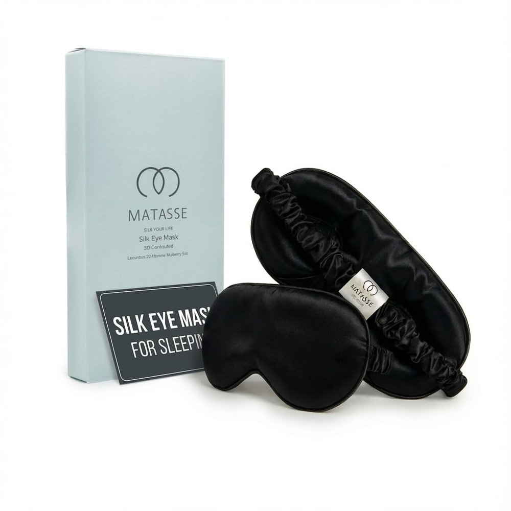 MATASSE 100% Mulberry Silk Sleep Mask 22 Momme Grade 6A - 3D Contoured Eye Mask for Sleeping, 14mm Deep Eye Cups, Total Blackout Blindfold for Women Men, Adjustable Strap, Side Sleeper (Black)