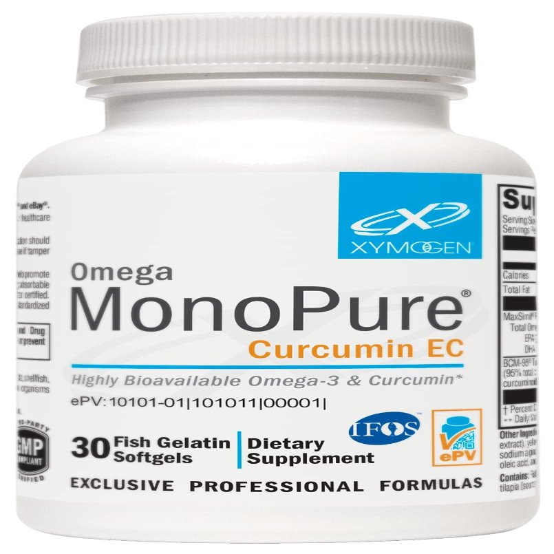 XYMOGEN Omega MonoPure Curcumin EC - Fish Oil with Enhanced DHA EPA Absorption + Turmeric Extract - Omega-3 Supplement for Cytokine Balance Support (30 Softgels)