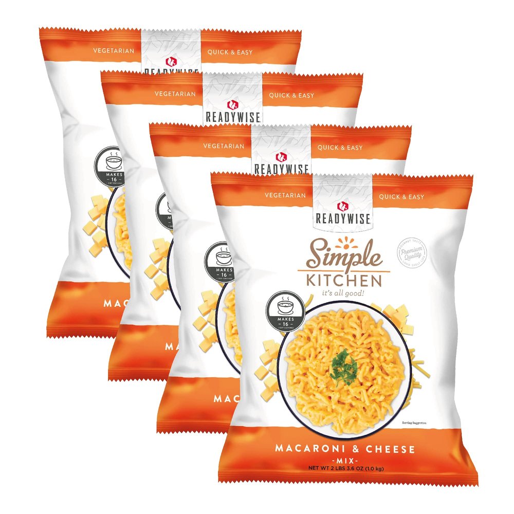 READYWISE - Simple Kitchen, Macaroni and Cheese, 16 Servings Per Pack, MRE, Vegetarian, Hiking, Camping Essentials, Food, for Events, Emergency Food Supply, Meal Prep, or Daily Use, Pack of 4