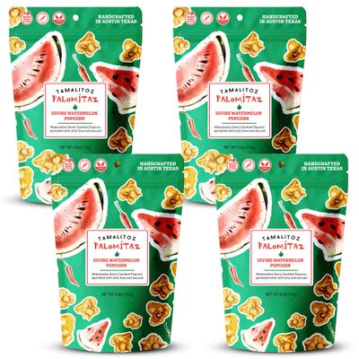 Tamalitoz Palomitaz Gourmet Popcorn Divine Watermelon Popcorn Sweet & Spicy Mexican-Style Kettle Corn with Chili, Lime & Sea Salt Fruity Handcrafted Snack, Gluten-Free, Vegan, 4 Bags (4oz Each)