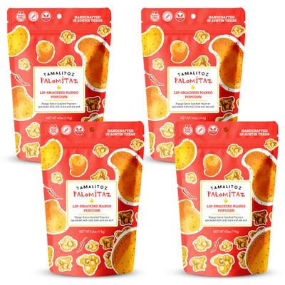 Palomitaz Gourmet Popcorn Lip-Smacking Mango Popcorn Sweet & Spicy Mexican-Style Kettle Corn with Mango, Chili, Lime, Sea Salt Fruity Handcrafted Snack, Gluten-Free, Vegan, 4 Bags (4oz Each)