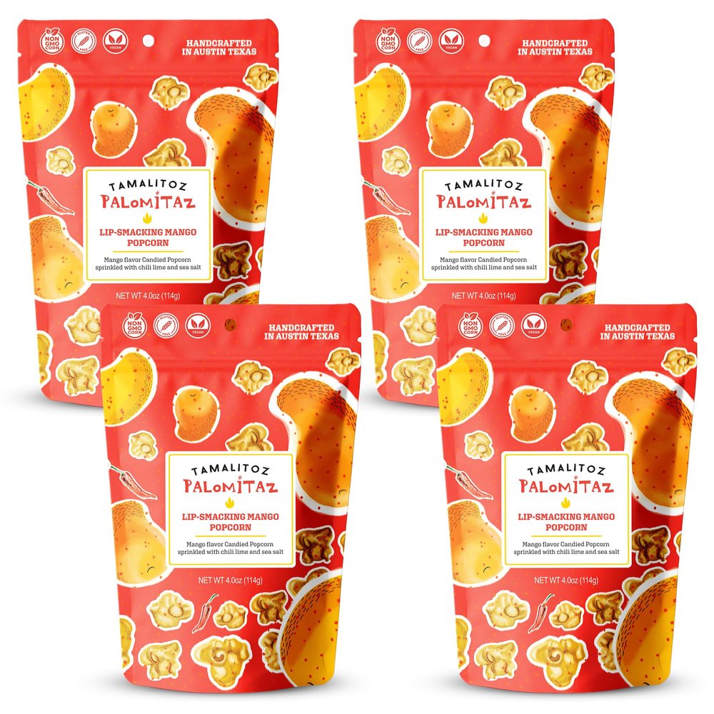 Palomitaz Gourmet Popcorn Lip-Smacking Mango Popcorn Sweet & Spicy Mexican-Style Kettle Corn with Mango, Chili, Lime, Sea Salt Fruity Handcrafted Snack, Gluten-Free, Vegan, 4 Bags (4oz Each)