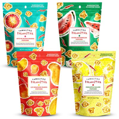 Palomitaz Gourmet Popcorn Fiesta Mexican Popcorn Variety Bag with Chili, Lime and Sea Salt Mango, Watermelon, Blood Orange, Pineapple Handcrafted Snack, Gluten Free, 4 Bags (4oz Each)