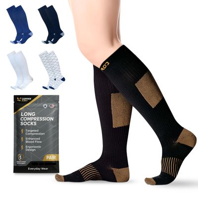 CopperJoint Copper Compression Socks for Women & Men, Knee High Support Socks, Easy On Wide Calf Fit, Breathable Comfort for Work, Travel and Everyday Wear, 1 Pair, 2X-Large, Black and Tan