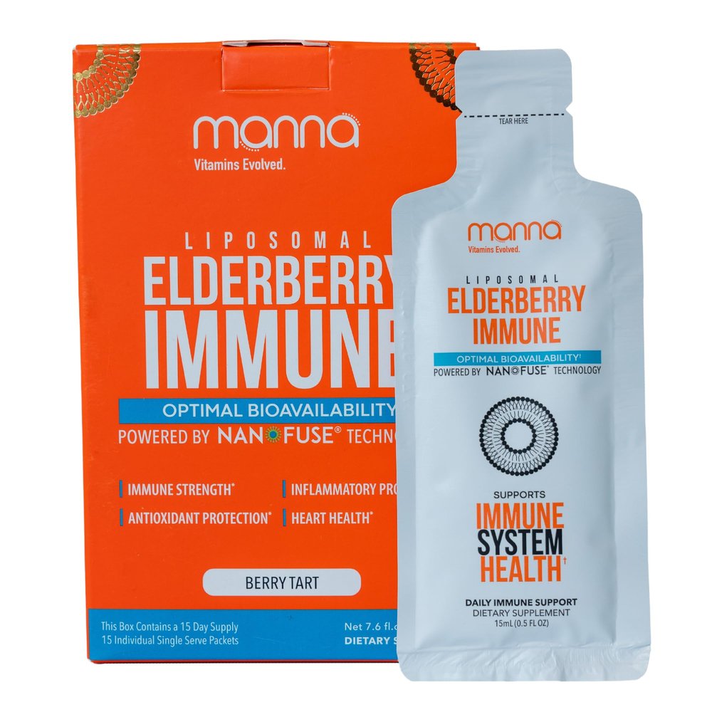 Manna Vitamins Evolved Liposomal Elderberry Immune Packets, Vitamins C, D etc. - Daily Immune Support for Adults, Kids - Sugar Free, Real Elderberry Extract, Syrup, Travel-Friendly, 15 Pack