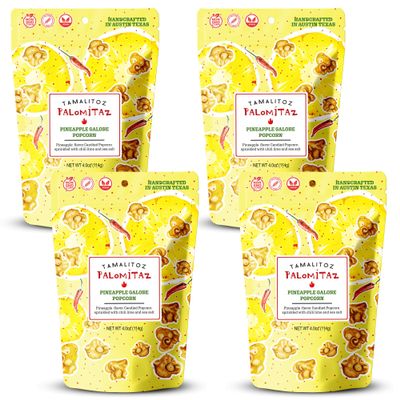 Palomitaz Gourmet Popcorn Pineapple Galore Popcorn Sweet & Spicy Mexican-Style Kettle Corn with Pineapple, Chili, Lime & Sea Salt Handcrafted Fruity Snack, Gluten-Free, Vegan, 4 Bags (4oz Each)