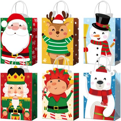 Funrous 18 Pack 36 Pack Christmas Gift Bags 6 Designs Christmas Kraft Paper Bags Xmas Treat Goodie Favors with Handles for Winter Holiday Snacks Gift Party Supplies, 8.6 x 6.3 x 3.2 Inch