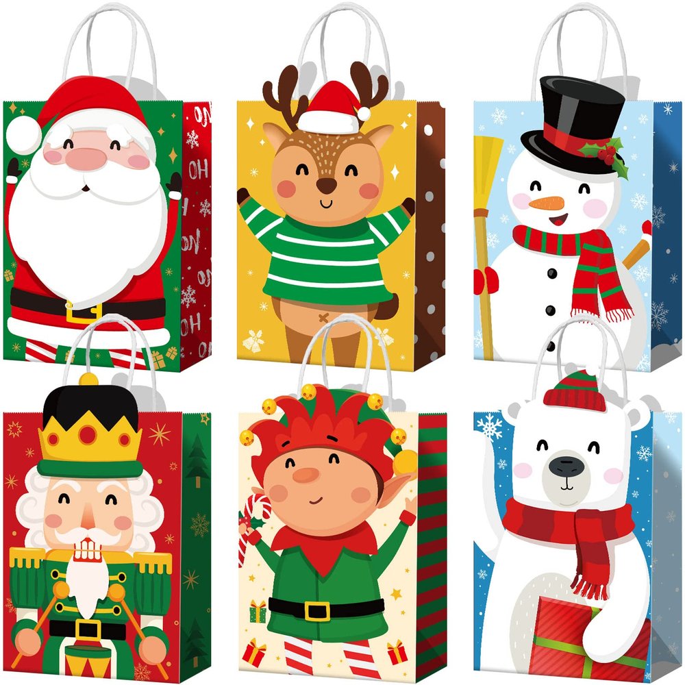 Funrous 18 Pack 36 Pack Christmas Gift Bags 6 Designs Christmas Kraft Paper Bags Xmas Treat Goodie Favors with Handles for Winter Holiday Snacks Gift Party Supplies, 8.6 x 6.3 x 3.2 Inch
