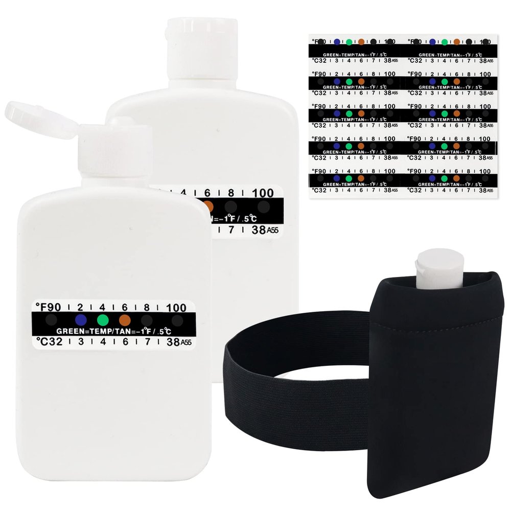 14 Pcs Urine Test Complete Kit Includes 2 White Portable Empty Bottles, 10 Adhesive Temperature Test Strips, Neoprene Bag and Hi-Stretch Hidden Leg Straps, Portable Travel Urine Test Bottle