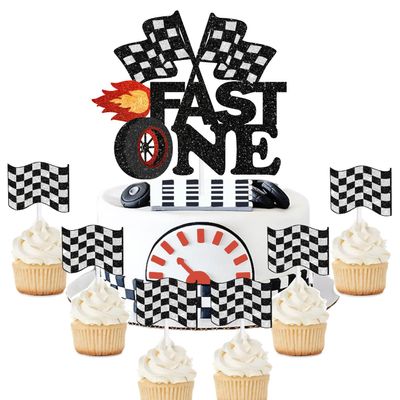 7pcs Fast Cake Racing 1st Birthday Happy Checkered Flag, Tire, Jet Acceleration Decoration Set, Racing Theme Birthday Party or Baby Shower Smash Decorations, Birthday Gift for Kids. SugarGera