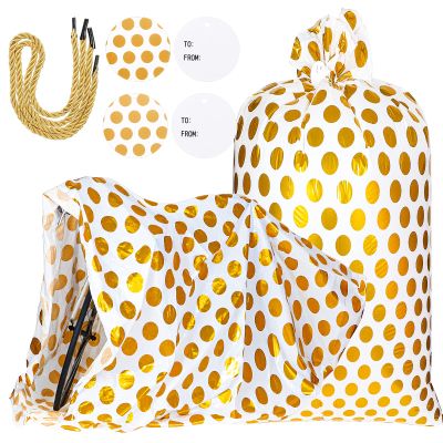 Sabary 2 Pcs 80 x 60 Inch Jumbo Bike Gift Bags Christmas Extra Large Plastic Giant Thicken Bicycle Bag White and Gold Dots Xmas Holiday Bags for Snack Treat Goodies Weddings Birthdays Engagement Party