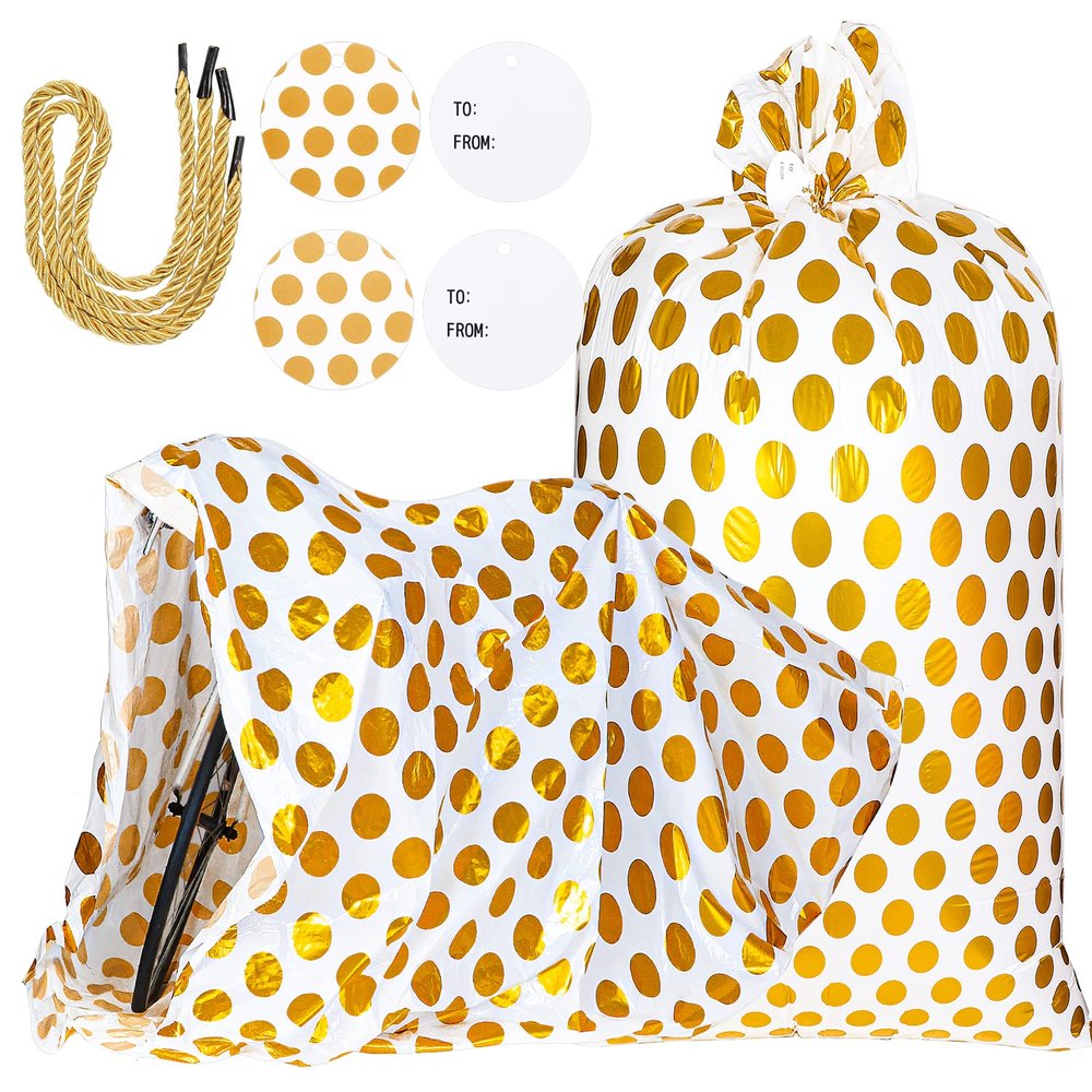 Sabary 2 Pcs 80 x 60 Inch Jumbo Bike Gift Bags Christmas Extra Large Plastic Giant Thicken Bicycle Bag White and Gold Dots Xmas Holiday Bags for Snack Treat Goodies Weddings Birthdays Engagement Party