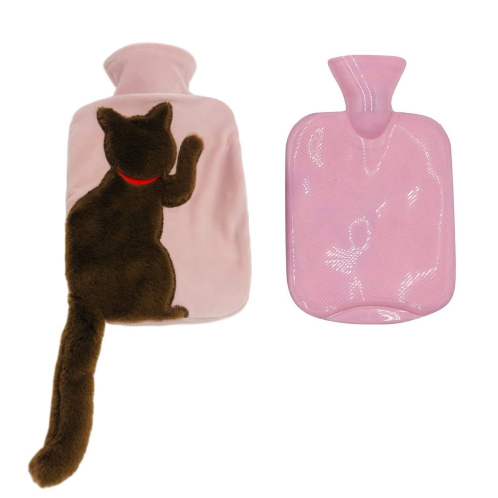 1 Liter Rubber Hot Water Bottle with Soft Plush Fleece Cover, Cute Cat Water Bag Hot and Cold Therapy for Cramps Pain Relief
