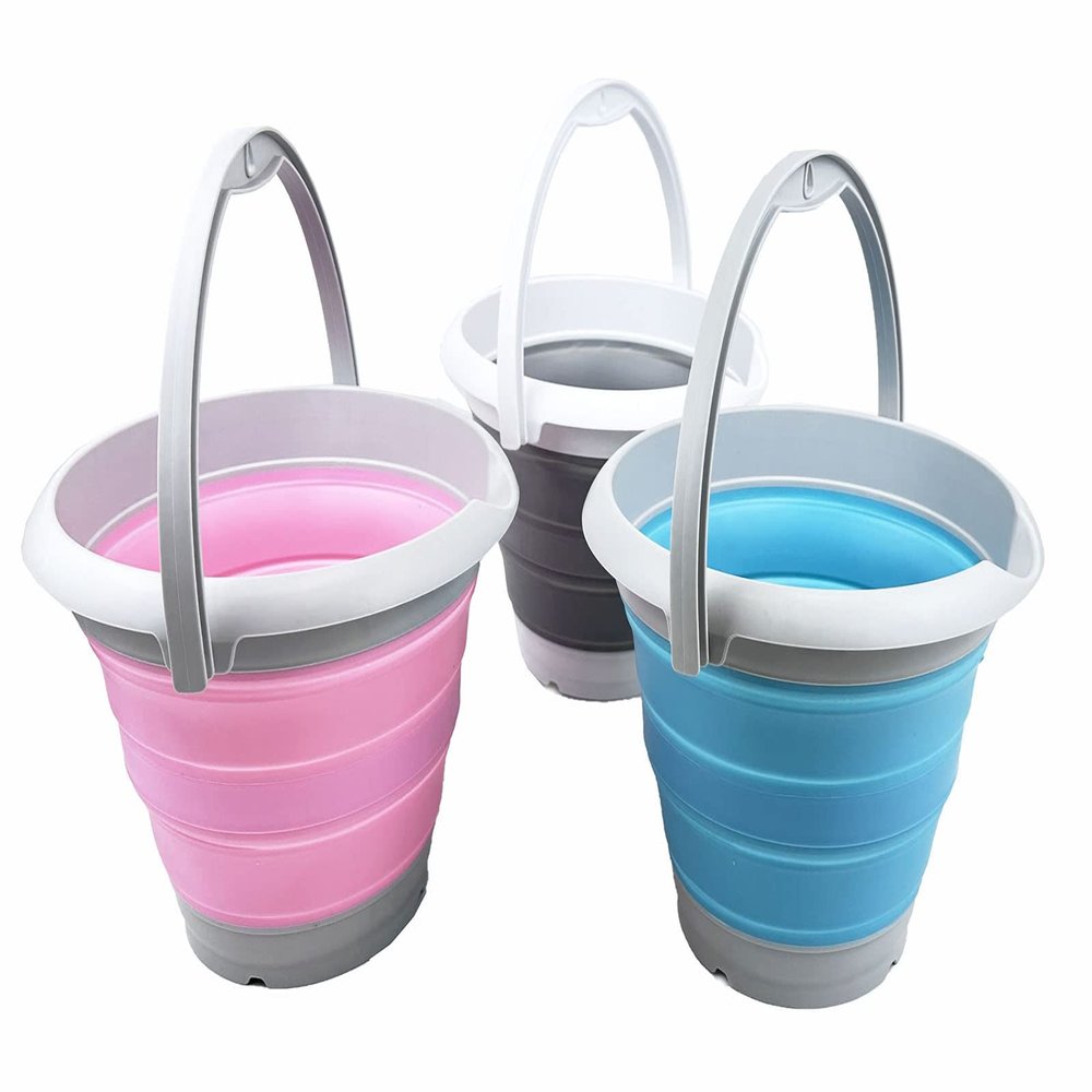 SAMMART 5L (1.32 gallons) Collapsible Plastic Bucket - Foldable Round Tub - Portable Fishing Water Pail - Space Saving Outdoor Waterpot (Grey + Bright Blue + Pink (Set of 3))