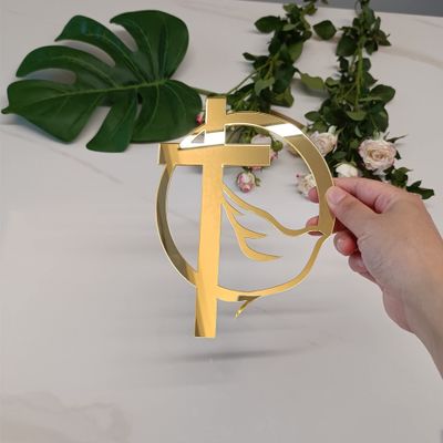 10pcs of Acrylic Religious Cake Topper,Cross With a Dove,Christening Baptism Holy Spirit Topper, Baby Communion Topper for Party &Festival Decoration (Gold Mirror)