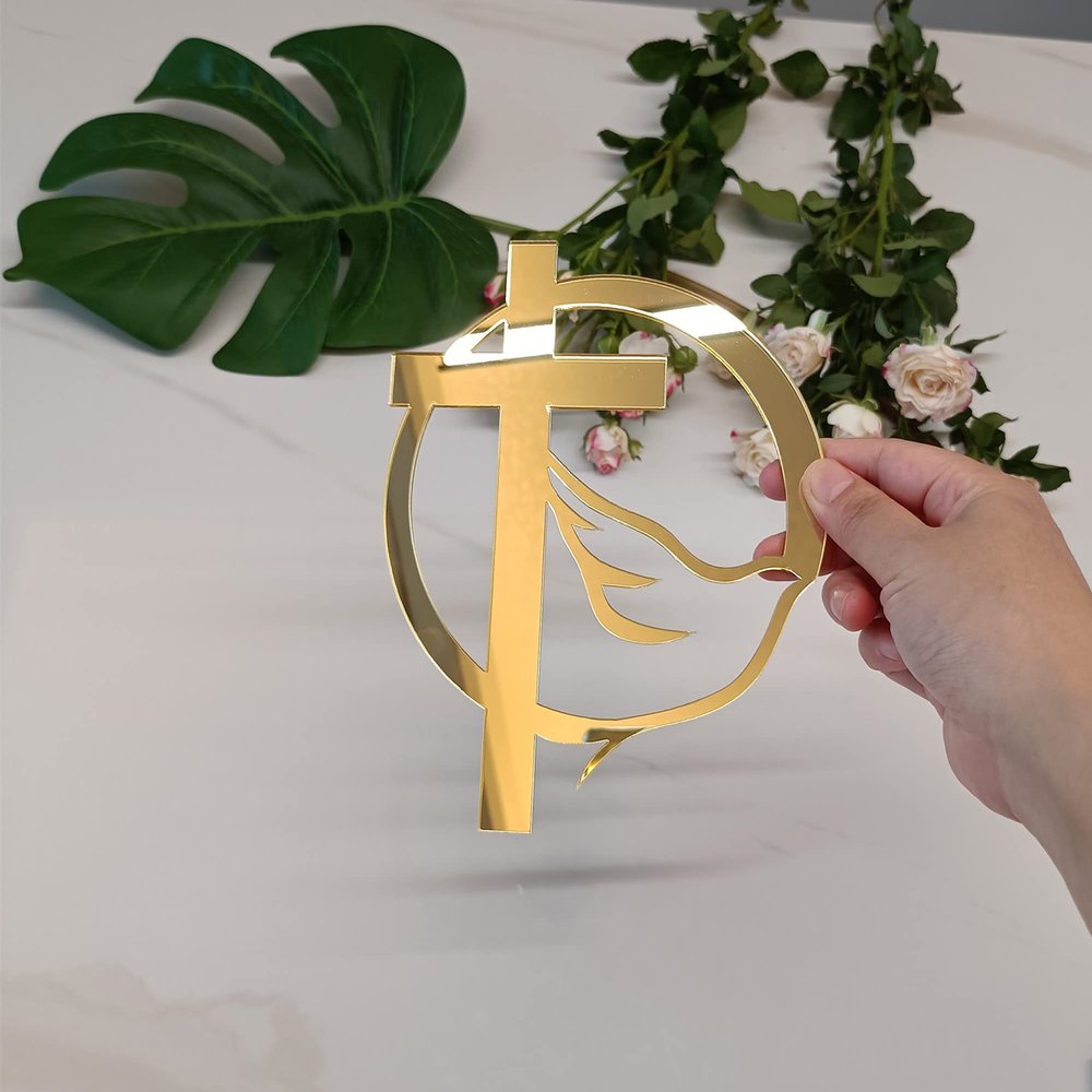 10pcs of Acrylic Religious Cake Topper,Cross With a Dove,Christening Baptism Holy Spirit Topper, Baby Communion Topper for Party &Festival Decoration (Gold Mirror)