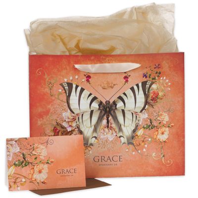 Christian Art Gifts Large Landscape Scripture Gift Bag for Women w/Greeting Card & Tissue Paper Set: Grace - Eph. 2:8 Inspirational Bible Verse, Butterfly Multicolor Floral w/Shiny Gold, Deep Orange