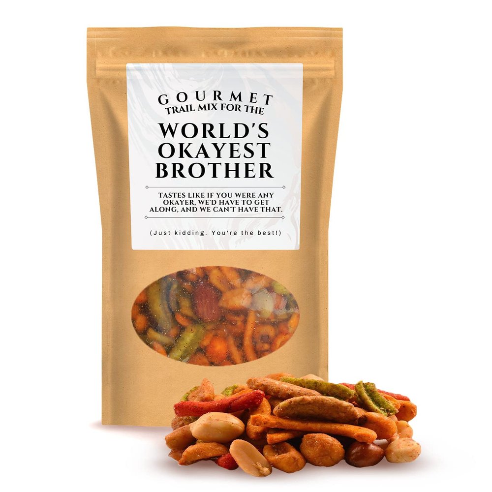 Kepperton Okayest Brother Trail Mix - Gourmet Snacks for Mens Gift Basket, Funny Brother Gag Gift from Sister, Stocking Stuffers, Crunchy Spicy Salty Snacks