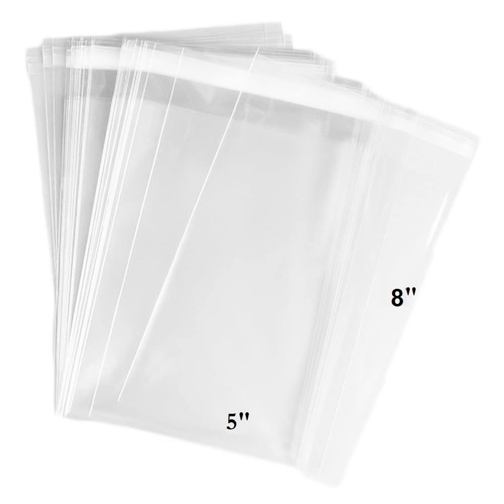 888 Display USA 100 Bags 5" x 8" 1.4Mil Crystal Clear Protective Closure Bags with Self Adhesive Flap Closure/Knurling Edges - Clear Resealable Cello/Cellophane Bags Good for Bakery, Candle, Soap, Cookie Poly Bag