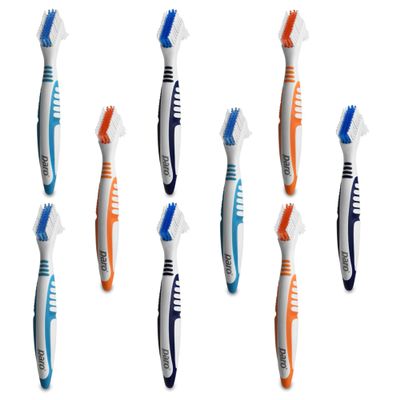 Paro Clinic Denture Brush, Denture Cleaning Double Sided Toothbrush for Dentures and Retainers, Hard and Soft Multi-Layered Bristles and Anti-Slip Handle, Made in Switzerland, Pack of 9