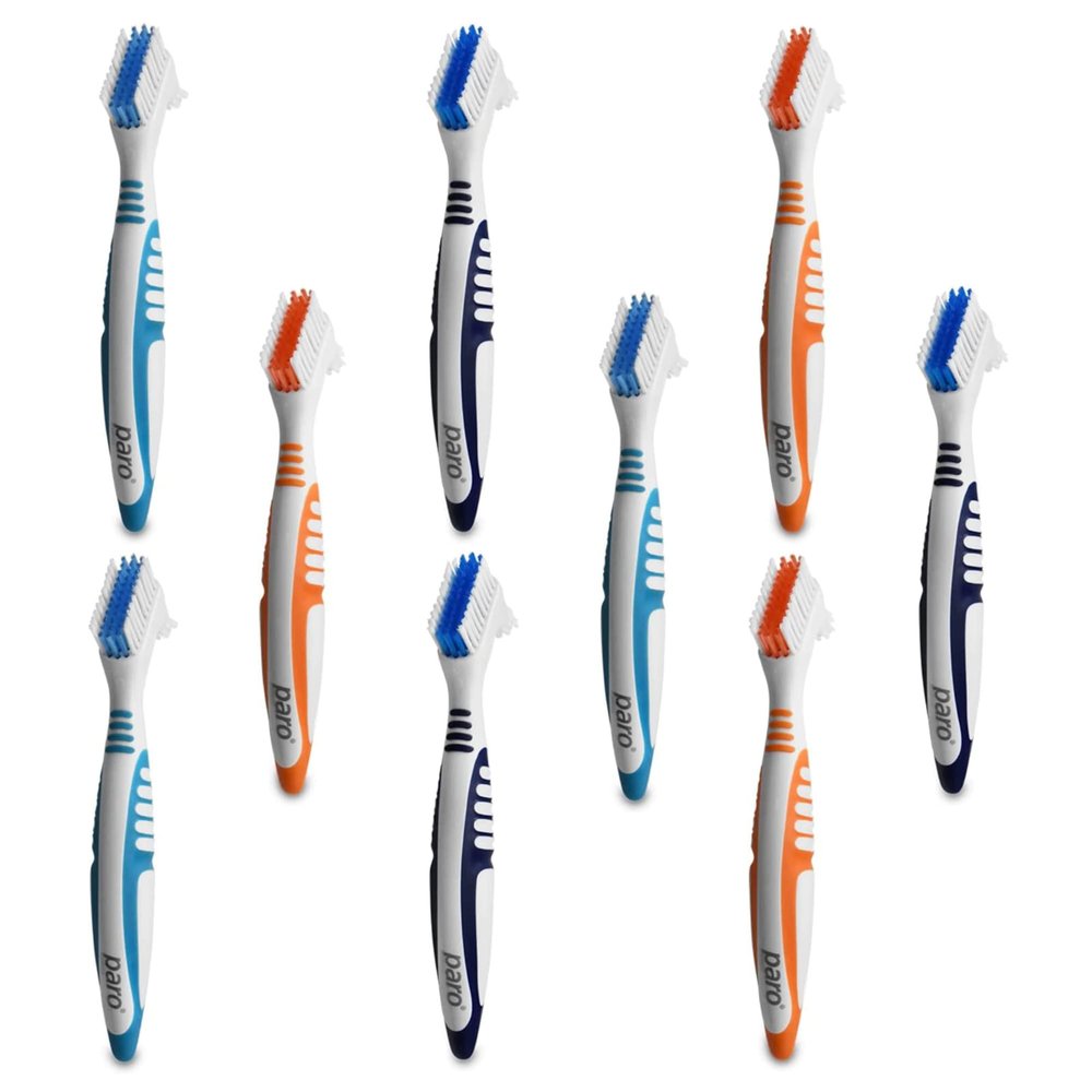 Paro Clinic Denture Brush, Denture Cleaning Double Sided Toothbrush for Dentures and Retainers, Hard and Soft Multi-Layered Bristles and Anti-Slip Handle, Made in Switzerland, Pack of 9
