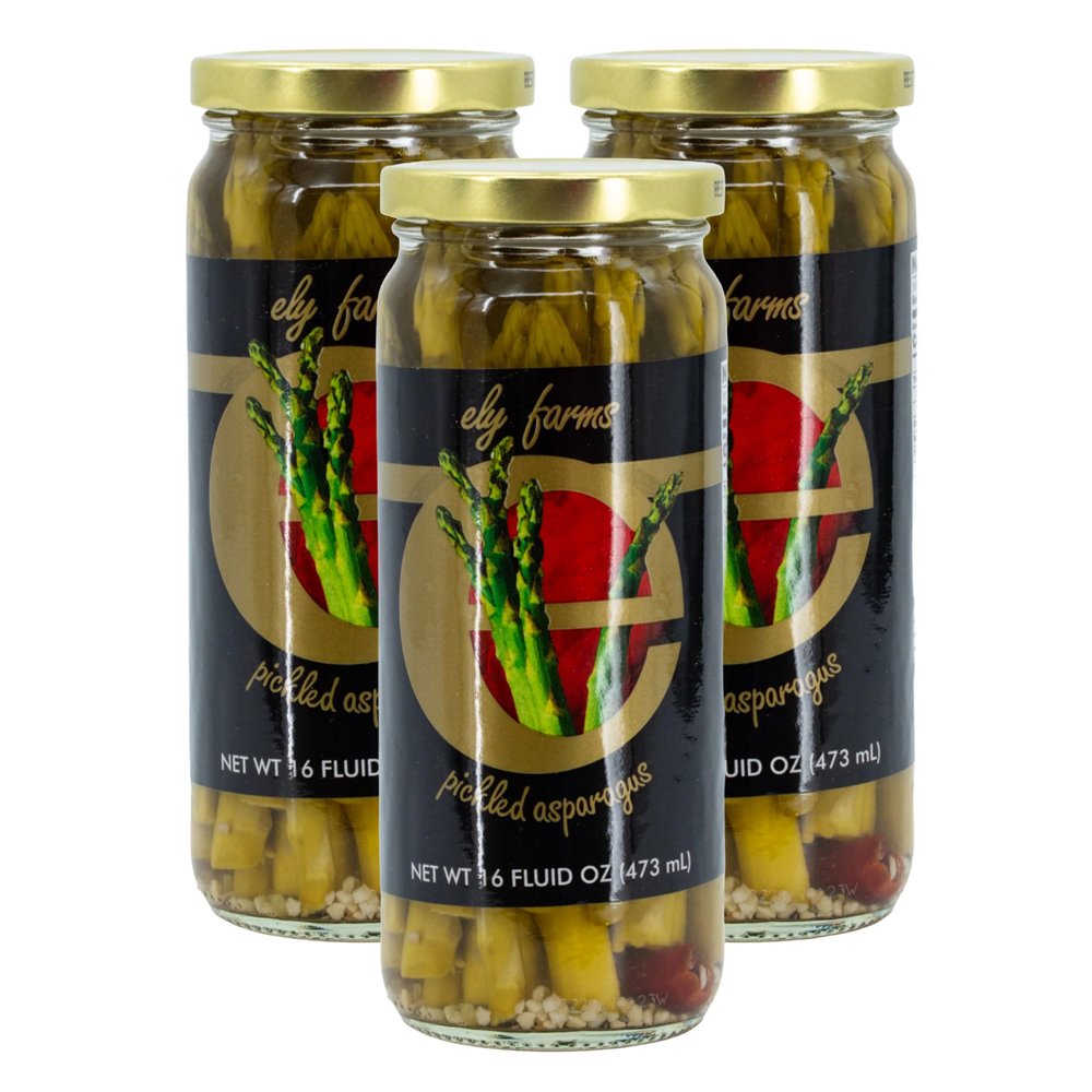 Ely Farms Pickled Asparagus - Unique and Irresistible Taste - Crunch Spears with a Garlic and Dill Flavor - Made with a Family Recipe - 16 oz Jar - 3-Pack