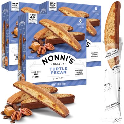 Nonni's Turtle Pecan Biscotti Italian Cookies - 3 Boxes Caramel Pecan Cookies Dipped in Milk Chocolate - Butter Pecan Biscotti Individually Wrapped Cookies - All Natural Ingredients - Kosher - 6.88 oz